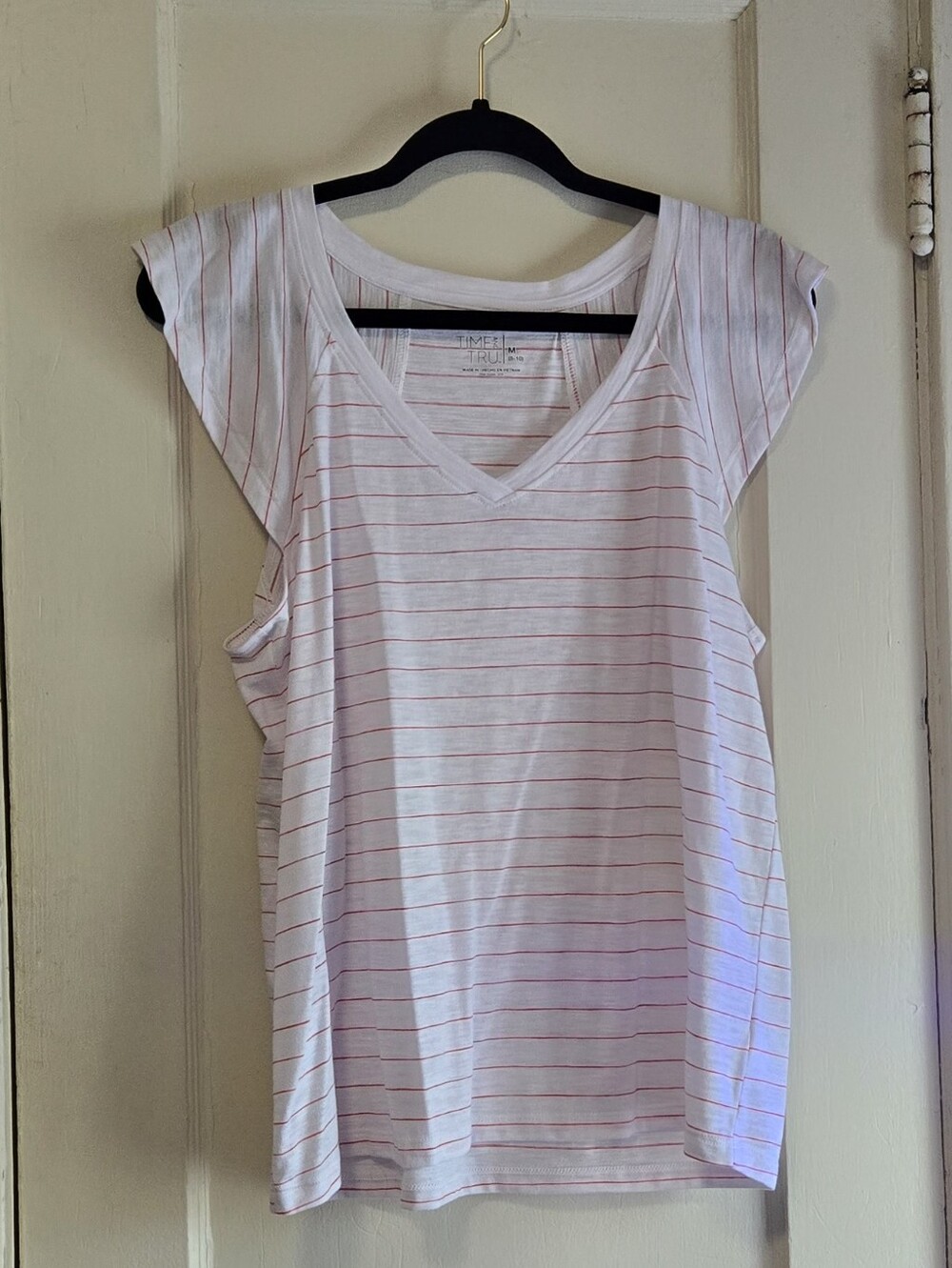 Time and Tru White V-Neck Striped Cap-Sleeve Top